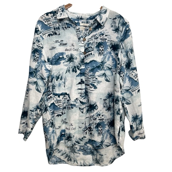 Cynthia Rowley Top Womens 1X 100% Linen Blouse Graphic Amalfi‎ Coast Tunic - Picture 1 of 8